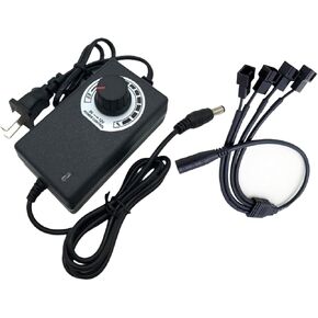 12V PC Fan Speed Controller, Fan Power Supply 100-240V AC to 3-12V DC 36W Adjustable, with Fan Splitter Cable 4X 3pin or 4pin PWM Connector AC DC Adapter