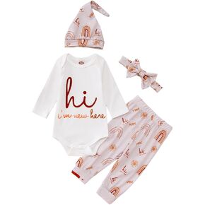 CM C&M WODRO Newborn Baby Girl Boy 4PCs Outfit Hi I'm New Here Print Long Sleeve Romper Top Pants Hat Headband Clothes Set