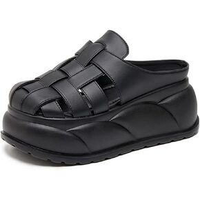 Women'S Leather Braided Platform Heightened Mule Sandals Comfortable Closed Wide Toe Cloud Chunky Platform Non-Slip Half Slingback Dress Slippers Casual Summer Mule Clogs