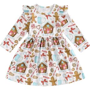 Pudcoco Kids Toddler Baby Girls Christmas Gingerbread Man Dress Ruffle Long Sleeve Candy Cane Print Xmas Dress