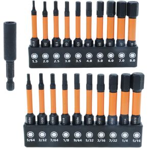 21pcs Hex Head Allen Wrench Drill Bit Set, Metric and SAE Hex Screwdriver Bits Set S2 Steel with Magnetic Extension Bit Holder