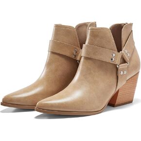 Coutgo Womens V Cutout Ankle Boots Pointed Toe Chunky Stacked Heel Booties Zip Up Western Boots Shoes