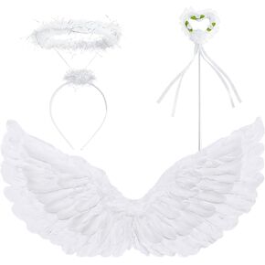 Zezzxu White Angel Wings and Halo Magic Wand Xmas Feather Wing Halloween Christmas Party Cosplay Costume for Kids Girls Boys