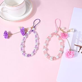 2 PCS Reownest Phone Charm Crystal Flower Pendant Cute Cell Phone Lanyard Wrist Strap Creative Keychains Beaded Phone Chain-Pink and Purple