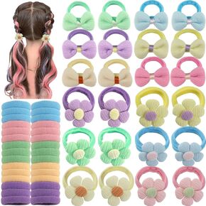 54pcs Girls Hair Ties Bows and Flowers Ponytail Elastic Bands,No Damage Elastic Ponytail Holders Hair,Hair Bows No Slip Durable Fabric ponytail fixator Multicolor
