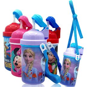 Disney Frozen Carrying Strap One Touch Water Bottles with Reusable Built in Straw - Safe Approved BPA free, Easy to Clean, Perfect Gifts for Kids Girls Boys, Goodies Home by Zak design