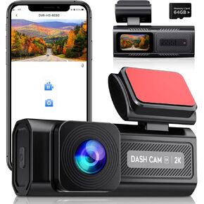 Dash Cam 2K with 64G SD Card, 1440P Front Screen Dash Camera for Cars,Car Recorder Camera WiFi Mini Dashcams with App, Dashcams Driving Recorder with 24H Parking Mode, Night Vision, G-Sensor