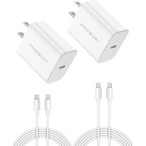 Upgraded for iPhone 16 15 Charger,USB C Charger Block, 2-Pack 20W Type C Fast Wall Charger, USB C Charger for iPhone 16/15/15 Pro/15 Pro Max/iPad Pro/AirPods & More (2-Pack 5 ft USB C Cable Included)