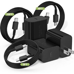 45W Super Fast Charger USBC for Samsung Galaxy S24, [3Pack] 3+6+10FT Type C Charger Fast Charging Cable Cord & Android Charger Block for Galaxy S24 S23 S22 S21 Ultra/Plus, Tab S8 S7, iPad Pro/Air/Mini