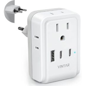 [1-Pack] European Travel Plug Adapter, VINTAR Europe Adaptor with 4 AC Outlets 3 USB Ports(2 USB C), Type C International Power Adapter for US to Most of Europe EU Italy Spain France Germany Iceland