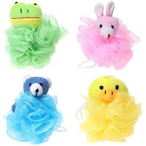 Cartoon Bath Pouf Puff Mesh Bath Sponges with Stuffed Animal Loofah (4 Pack) Rabbit,Bear,Duck,Frog Design