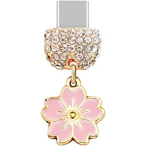 ELISE & FONDA TP206 Type-C USB Charging Port Crystal Anti Dust Plug Little Cherry Blossom Cell Phone Charm for Samsung/Huawei/OnePlus/Xiaomi/oppo Android Phones (Pink)