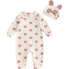 Newborn Baby Girl Clothes with Hat Set Heart Print Cute Long Sleeve Romper Jumpsuit 2Pcs Fall Outfit Set 0-18M