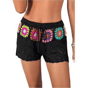 SHENHE Women's Floral Crochet Sheer Hollow Out Beach Shorts Cover Up