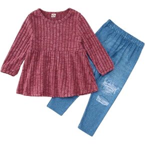 Toddler Baby Girl Clothes Set Long Sleeve Ruffle Tops Shirt Fall Pant Set Crew Neck Winter Outfit 1-6T Clothing Set