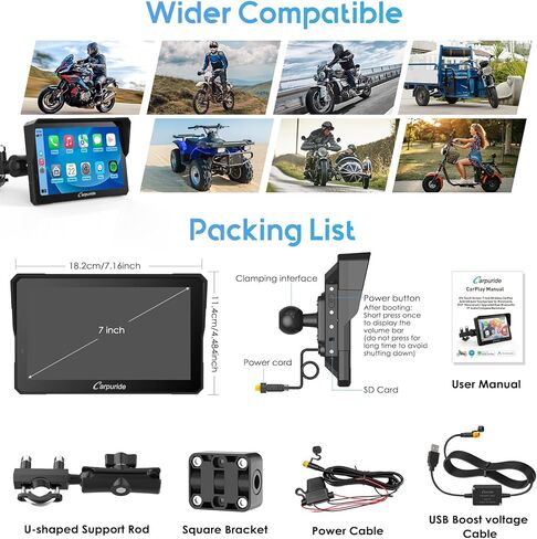 Carpuride W702PRO للدراجات النارية CarPlay & Android Auto & Dual Bluetooth - شاشة ملاحة GPS مقاومة للماء مقاس 7 بوصات للدراجات النارية، مشاركة الموسيقى، الاتصال الداخلي، EQ، مستشعر الضوء، البوصلة، البارومتر in Saudi Arabia