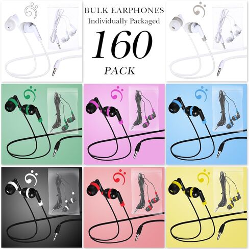 Konohan 160 Packs Bulk Earbuds with Wire Kids Earphones Classroom Headphones for Students Headphones Individually Bagged, 8 Colors Ear Buds Bulk Headphones for Classroom School Library (Bright Color) in Kuwait