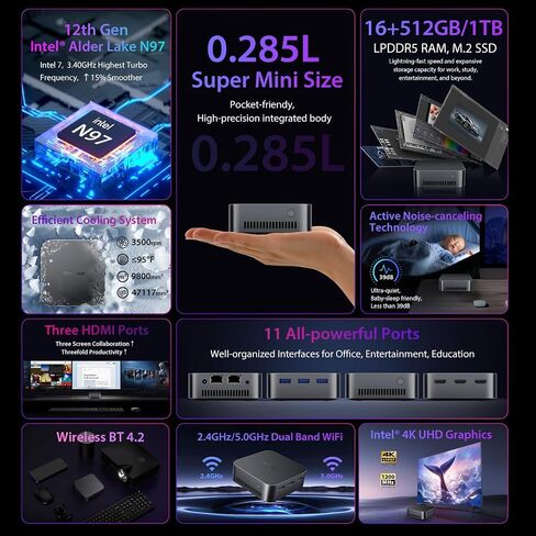 Blackview MP80 Mini PC Intel 12th N97 (حتى 3.4 جيجا هرتز)، كمبيوتر مكتبي صغير 16 جيجا بايت رام 1 تيرابايت SSD، يدعم شاشة HDMI مزدوجة 4K، واي فاي مزدوج، BT4.2 للأعمال والمنزل والمكتب in Kuwait