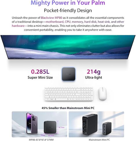 Blackview MP80 Mini PC Intel 12th N97 (حتى 3.4 جيجا هرتز)، كمبيوتر مكتبي صغير 16 جيجا بايت رام 1 تيرابايت SSD، يدعم شاشة HDMI مزدوجة 4K، واي فاي مزدوج، BT4.2 للأعمال والمنزل والمكتب in Kuwait