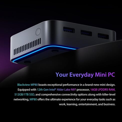 Blackview MP80 Mini PC Intel 12th N97 (حتى 3.4 جيجا هرتز)، كمبيوتر مكتبي صغير 16 جيجا بايت رام 1 تيرابايت SSD، يدعم شاشة HDMI مزدوجة 4K، واي فاي مزدوج، BT4.2 للأعمال والمنزل والمكتب in Kuwait