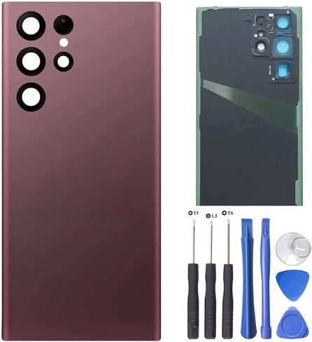 بديل الزجاج الخلفي HQB-Star لهاتف Samsung Galaxy S22 Ultra غطاء خلفي زجاجي للباب مع عدسة الكاميرا والأشرطة المثبتة مسبقًا + الأدوات، بورجوندي in Saudi Arabia