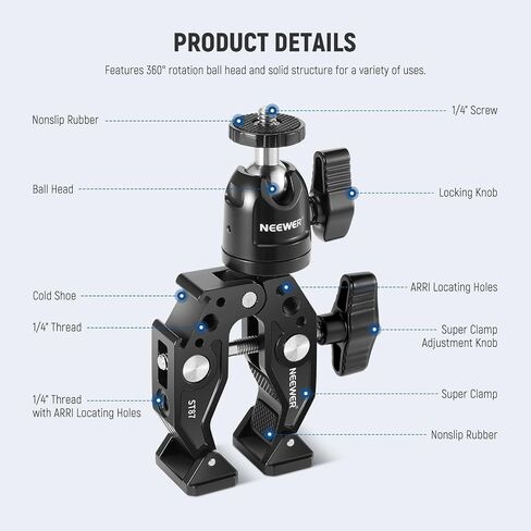 Neewer Super Clamp مع رأس كروي وحذاء بارد وحامل هاتف ومحول تثبيت كاميرا الحركة لسطح مسطح/مستدير متوافق مع GoPro DJI iPhone 15 Pro Max، ST87 in Saudi Arabia