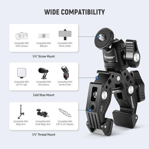 Neewer Super Clamp مع رأس كروي وحذاء بارد وحامل هاتف ومحول تثبيت كاميرا الحركة لسطح مسطح/مستدير متوافق مع GoPro DJI iPhone 15 Pro Max، ST87 in Saudi Arabia