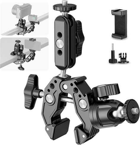 Neewer Super Clamp مع رأس كروي وحذاء بارد وحامل هاتف ومحول تثبيت كاميرا الحركة لسطح مسطح/مستدير متوافق مع GoPro DJI iPhone 15 Pro Max، ST87 in Saudi Arabia