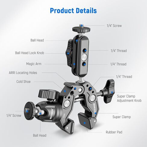 Neewer Super Clamp مع رأس كروي وحذاء بارد وحامل هاتف ومحول تثبيت كاميرا الحركة لسطح مسطح/مستدير متوافق مع GoPro DJI iPhone 15 Pro Max، ST87 in Saudi Arabia