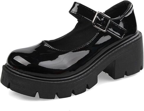 Women's Leather Chunky Platform Mary Jane Shoes Classic Round Toe Ankle Strap Chunky Heel Lug Sole Work Dress Pumps in Saudi Arabia