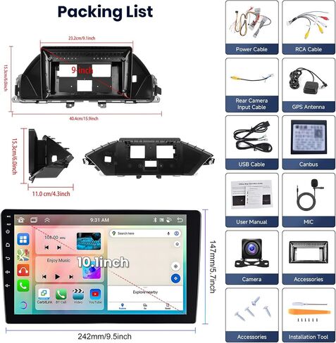 Hodozzy 4G+64G 8 Core Android Car Stereo for Honda Odyssey 2010-2017 راديو مع Carplay وAndroid Auto، 9 بوصة IPS شاشة تعمل باللمس راديو السيارة مع GPS، DSP، بلوتوث، WiFi، وصلة مرآة، FM، كاميرا احتياطية in Saudi Arabia