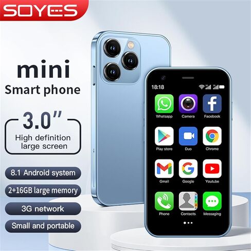 SOYES XS15 3G Mini Smartphone 3.0 Inch WiFi GPS China Mobile RAM 2GB ROM 16GB Quad Core Android 8.1 Cell Phones 3D Glass Slim Body Dual Sim Cute Palm Smartphone (Light Blue) in Saudi Arabia