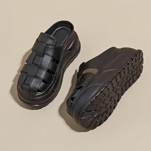 Women'S Leather Braided Platform Heightened Mule Sandals Comfortable Closed Wide Toe Cloud Chunky Platform Non-Slip Half Slingback Dress Slippers Casual Summer Mule Clogs in Saudi Arabia