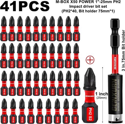 تأثير 1 بوصة. #2 لقم مفك إدراج فيليبس، 40 حزمة (PH2) مجموعة لقم مفك فولاذي مغناطيسي S2 مع قطعة واحدة من حامل لقمة التأثير وصندوق تخزين M in Saudi Arabia