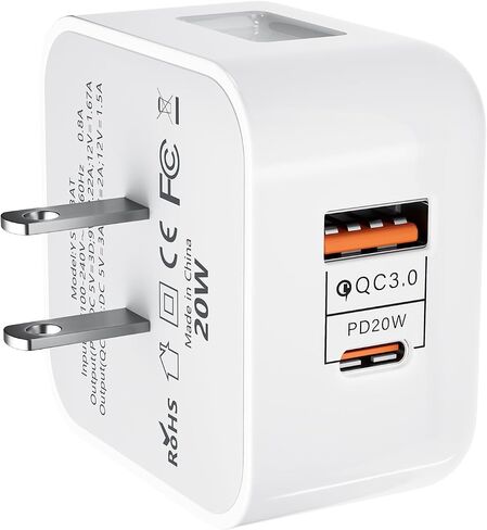 USB C Charger Plug U.S. 20W 3.0 Power USB C and USB A Ports Adapter Fast Wall Charger Block for Latest Smartphones or Tablets Dual Ports Plug for Convenience in Saudi Arabia