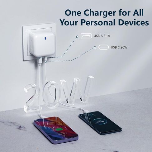 USB C Charger Plug U.S. 20W 3.0 Power USB C and USB A Ports Adapter Fast Wall Charger Block for Latest Smartphones or Tablets Dual Ports Plug for Convenience in Saudi Arabia