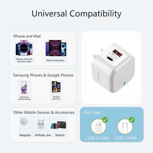 USB C Charger Plug U.S. 20W 3.0 Power USB C and USB A Ports Adapter Fast Wall Charger Block for Latest Smartphones or Tablets Dual Ports Plug for Convenience in Saudi Arabia