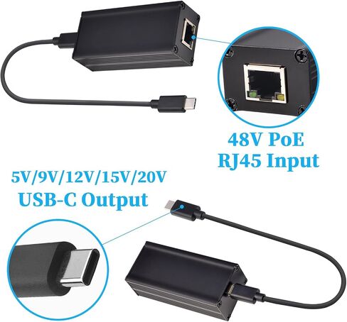 25W Gigabit PoE to USB-C Driver Converter for Phone/Tablet, PoE to Type-C Power Output with Ethernet 2 in 1, 5V/9V/12V/15V/20V Adaptive Output, Plug & Play (GPD2CAT-20V) in Saudi Arabia