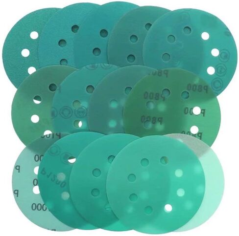 مجموعة متنوعة من 30 قطعة 5 بوصة 8 فتحات فيلم هوك وحلقة قرص صنفرة 320/400/600/800/1000/1500 صفائح رمل قرص ورق الصنفرة المستديرة الرطبة/الجافة in Kuwait