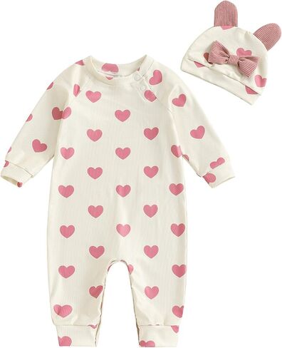Newborn Baby Girl Clothes with Hat Set Heart Print Cute Long Sleeve Romper Jumpsuit 2Pcs Fall Outfit Set 0-18M in Saudi Arabia