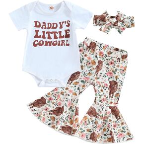GuliriFei Western Baby Girl Clothes Infant Short Sleeve Romper Highland Cow Flare Pants Headband 3Pcs Bell Bottom Outfit Set