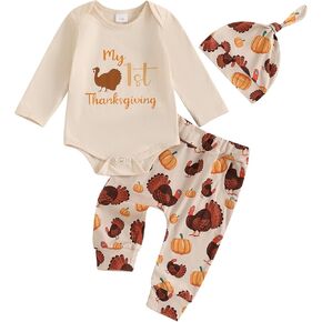 Thanksgiving Baby Girl Outfit Little Turkey Long Sleeve Romper Bodysuit Pants Set Newborn Infant Fall Winter Clothes
