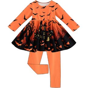 Tkria Baby Girl Halloween Tunic Outfits Toddler Long Sleeve Dressy Top Pants Clothing Set 2-7T