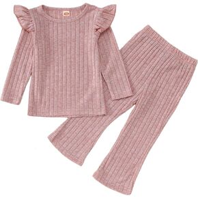 Toddler Baby Girls Clothes Set Ruffle Knit Ribbed Long Sleeve T-Shirts Tops+Pants 2Pcs Outfits Fall Winter Clothes