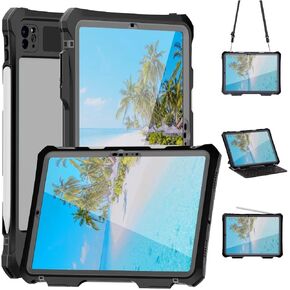 Compatible with iPad Pro 11 inch M4 2024 Waterproof Case,360 Protective Military Drop-Proof,with Strap Stand,Clear Screen Protector,Built-in Pencil Holder for iPad pro 11 2024 Cover-Black