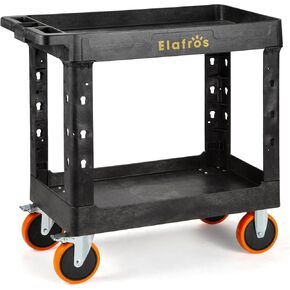 ELAFROS Heavy Duty Plastic Utility Cart 34 x 17 Inch - Work Cart Tub Storage W/Deep Shelves and Full Swivel Wheels Safely Holds up to 550 lbs - 2 Tier Service Cart for Warehouse with 6" Caster