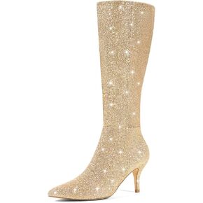 Perphy Glitter Pointed Toe Sparkly Stiletto Heel Knee High Boots for Women