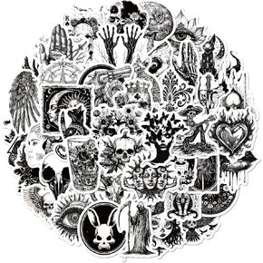 Skull and Gothic Designs Black and White Sticker Pack， 50 pcs