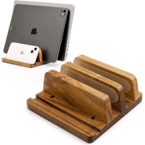Acacia Wood Vertical Laptop Stand - Adjustable Dual Slots (0.76" to 1.6") - Heavy Duty Desk Organizer for Laptops, Tablets, and Phones - Quick Assembly with Non-Slip Silicone Mats