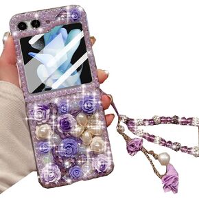for Samsung Galaxy Z Flip 6 Glitter Bling Case,Cute Luxury 3D Crystal Rhinestone Diamond Flower Sparkle Stunning Stones Pearl with Wrist Strap Women Girls Case for Galaxy Z Flip 6 5G (Pink)